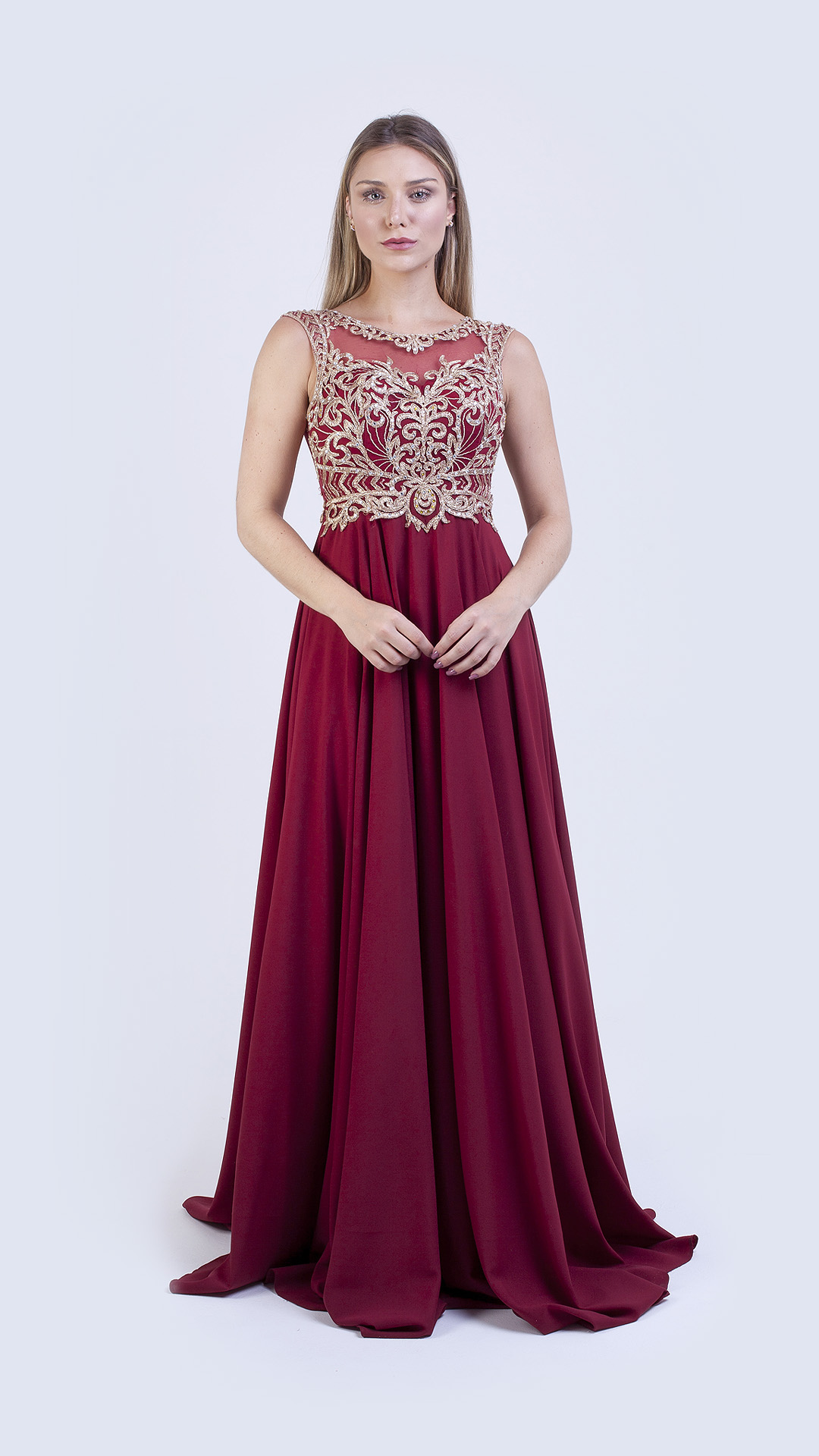 VESTIDO LONGO VOAL COM GRIPPIR DOURADO NO  BUSTO