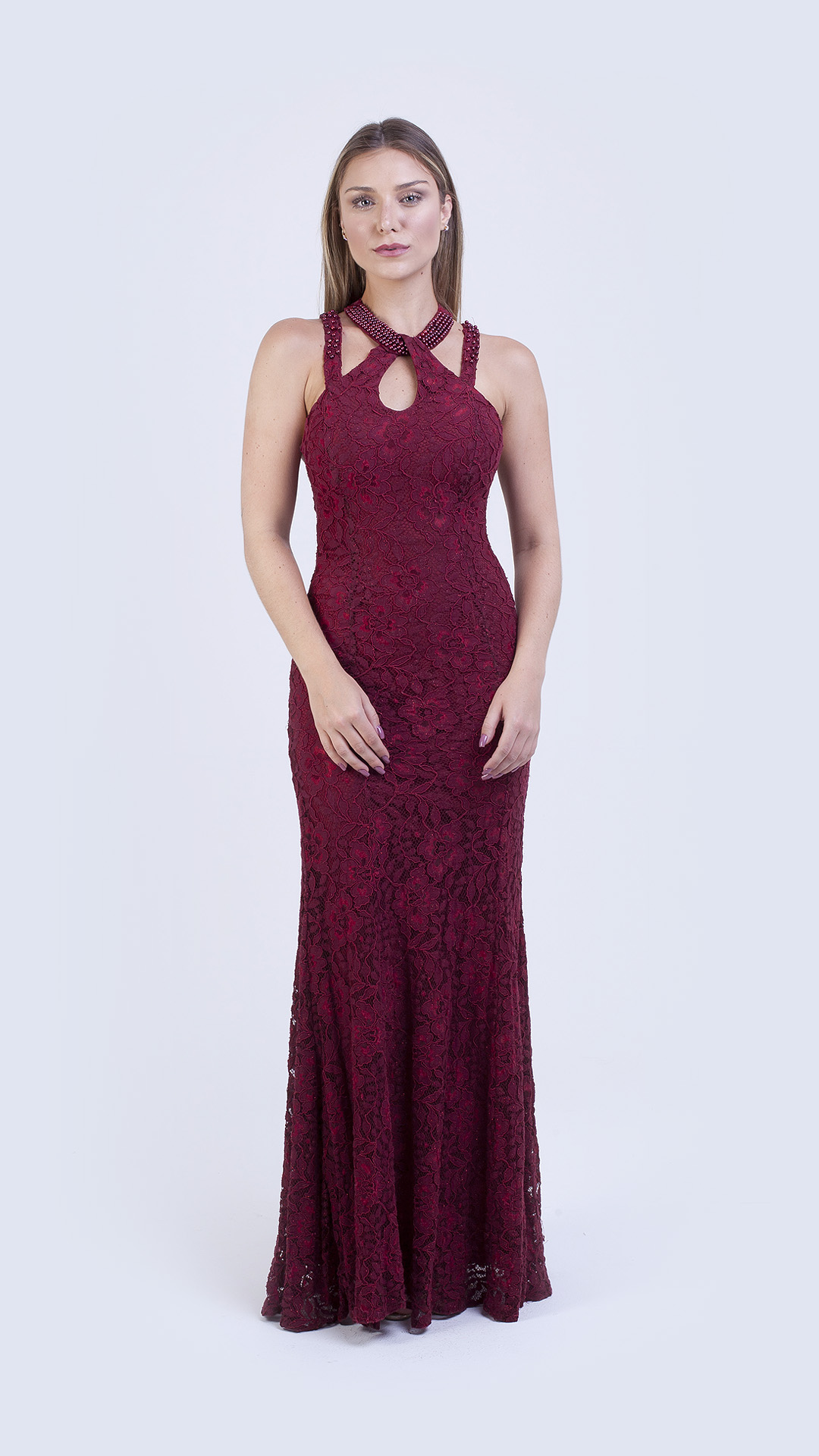 VESTIDO LONGO RENDADO COM ALÇAS CRUZADA