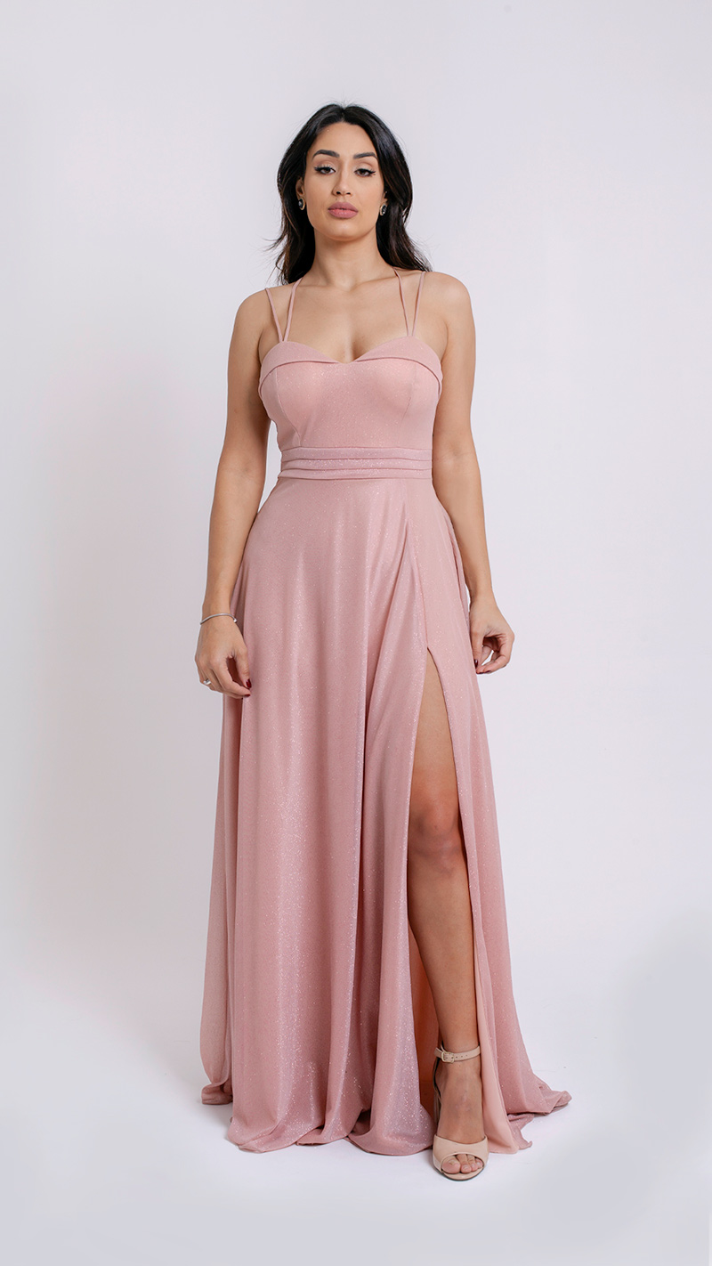 VESTIDO LONGO LUREX  DE ALÇA E DRAPEADO NA CINTURA