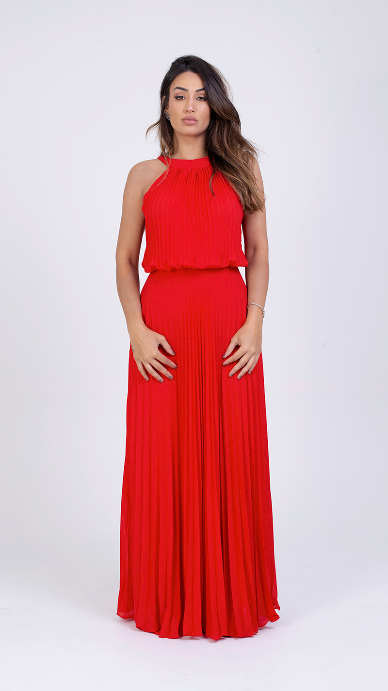 VESTIDO LONGO GOLA ALTA PLISSADO