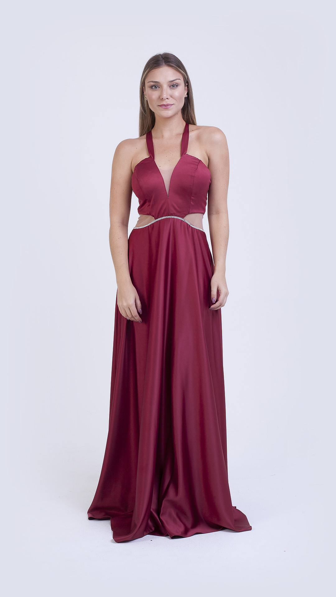 VESTIDO LONGO DE ALÇAS COM  TULE NAS LATERAIS 