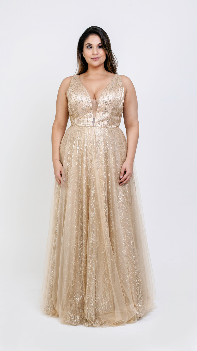 VESTIDO LONGO REGATA COM SAIA DE TULE E GLITER