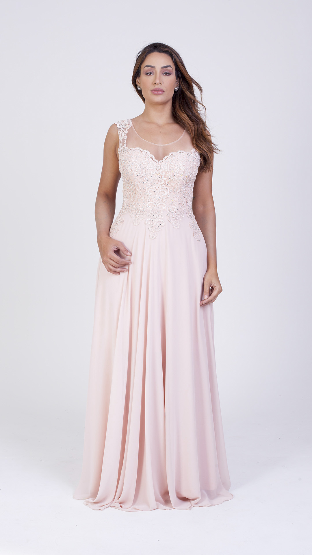 VESTIDO LONGO VOAL COM STRASS NO BUSTO