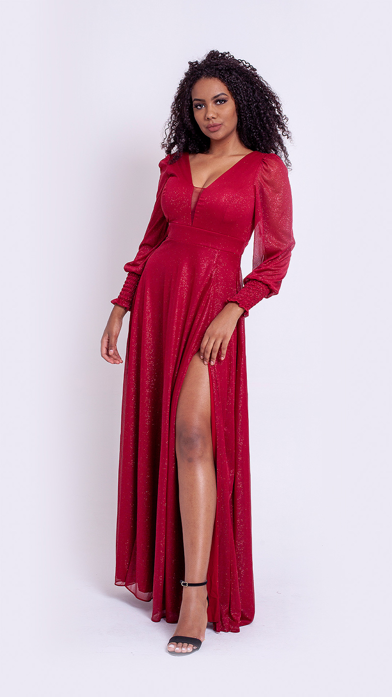 VESTIDO LONGO LUREX MANGA LONGA COM ELÁSTICO NO PULSO 