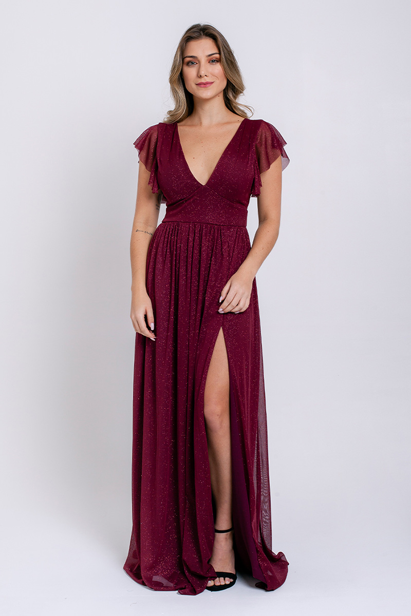 VESTIDO LONGO LUREX COM MANGAS DE BABADO