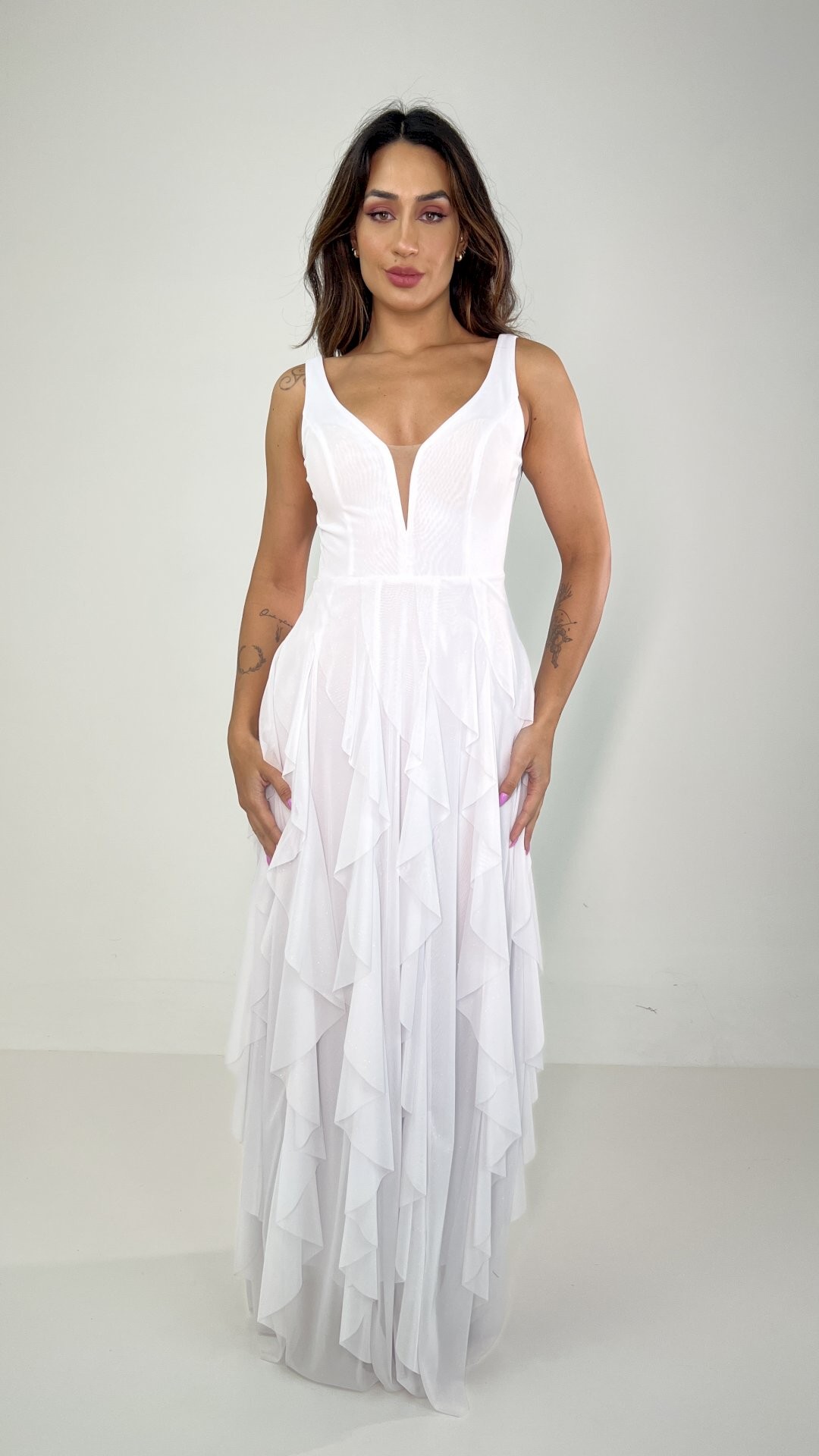 VESTIDO LONGO LUREX SAIA DE BABADOS