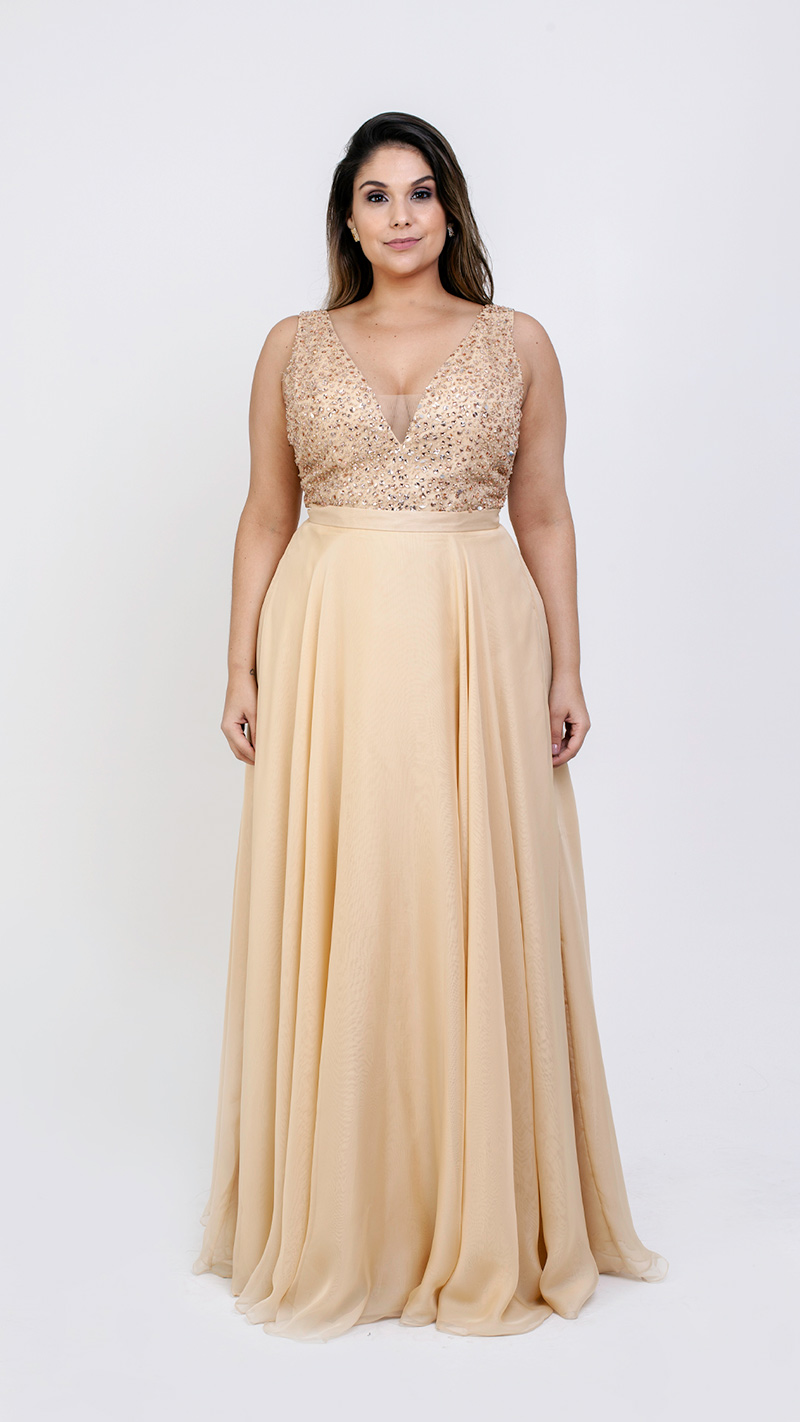VESTIDO LONGO VOAL COM CINTO E PEDRAS NO BUSTO