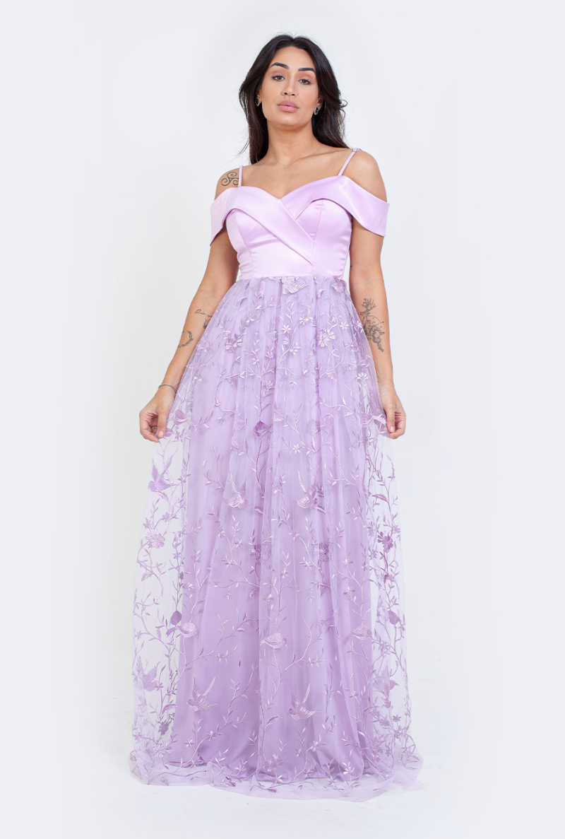 VESTIDO LONGO OMBRO A OMBRO COM DETALHES NA SAIA
