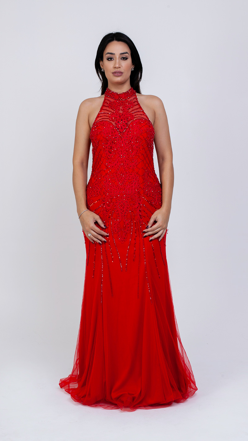 VESTIDO LONGO GOLA ALTA COM PEDRAS NO CORPO