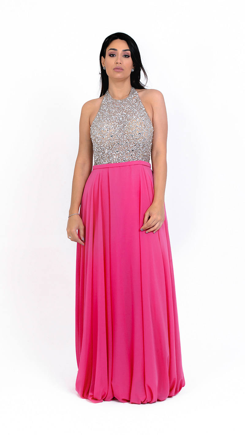VESTIDO LONGO VOAL GOLA ALTA COM PEDRAS PRATA