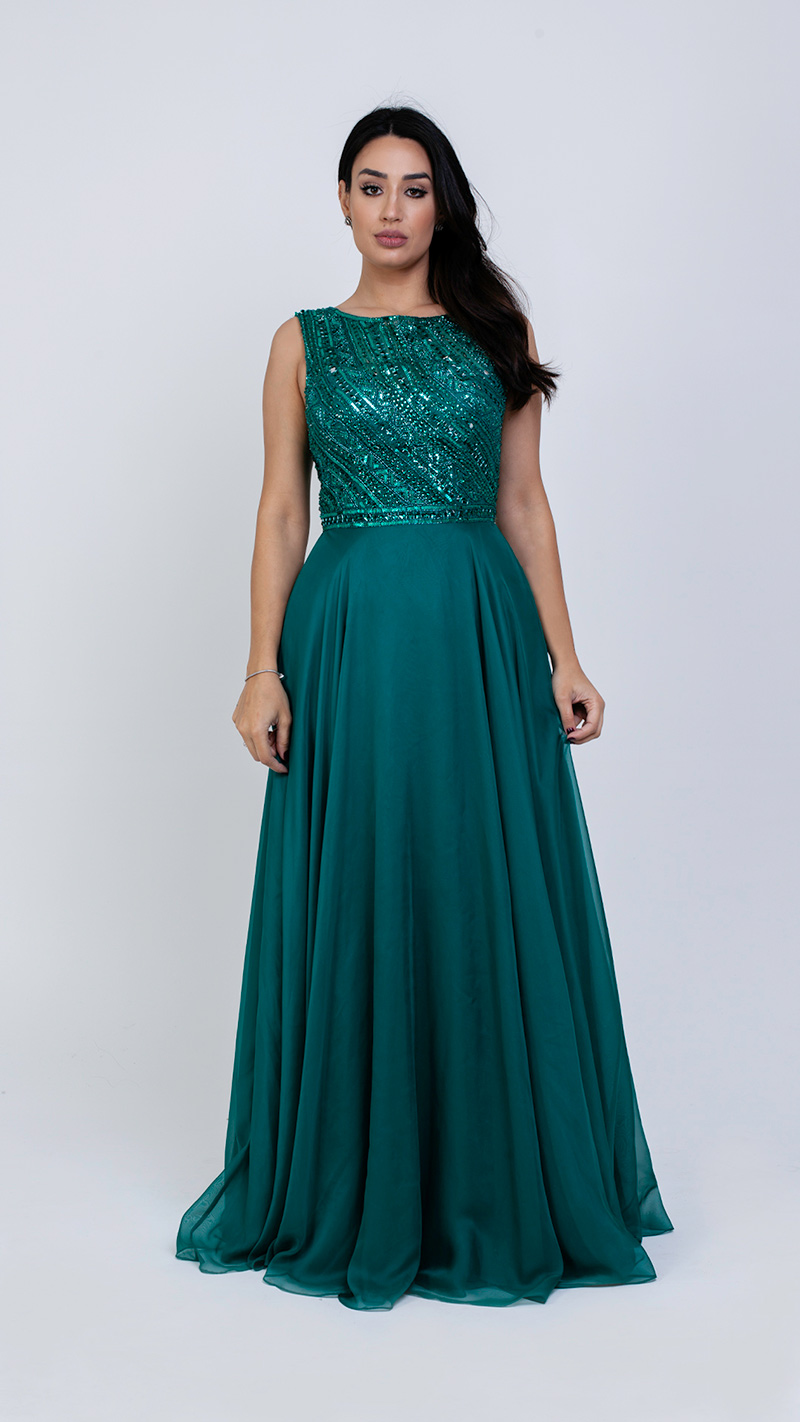 VESTIDO LONGO VOAL COM PEDRAS NO BUSTO